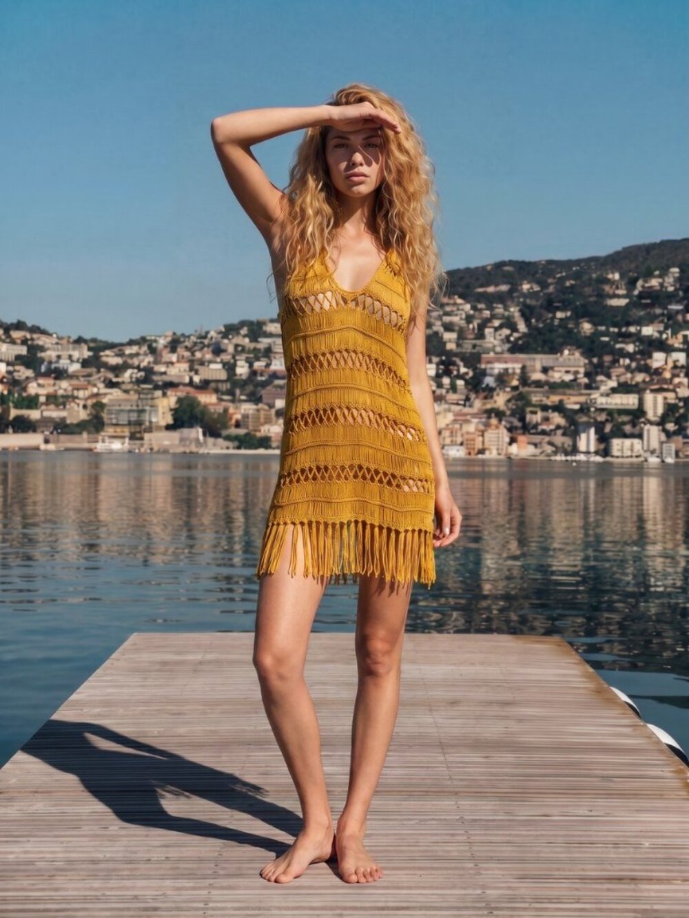 Yellow Crochet Beach Cover Up Dress with Fringe Tassel Hem